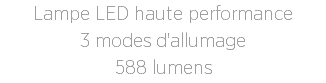 Lampe LED haute performance
3 modes d'allumage
588 lumens